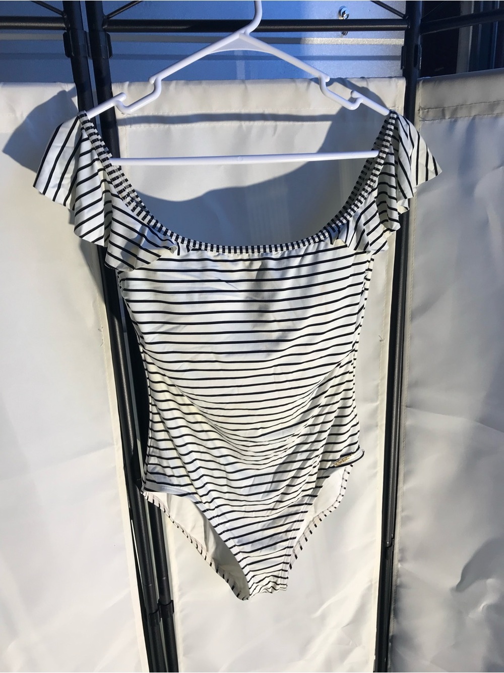 Vince Camuto White and Black Striped Off-Shoulder One-Piece